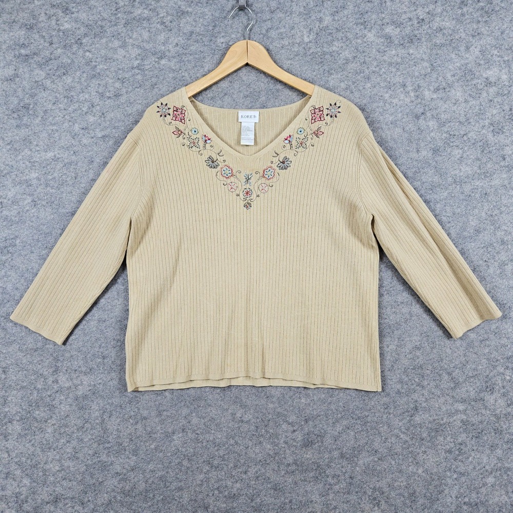 Koret Women's Size L Beige Ribbed V-Neck Embroidered Silk Blend Sweater SPOTS